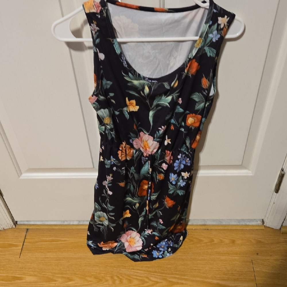 Floral Scoop-Neck Tank Dress in Black with Multicolor Blooms